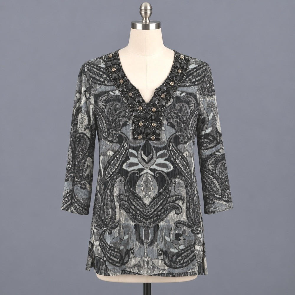 Chico's Tunic Top Women's Size 1 M Black Gray Paisley Jeweled Beaded 3/4 Sleeve